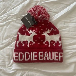 EDDIE BAUER Pom Fleece-Lined Beanie, Holiday Festive Fair Isle, Red